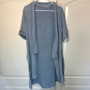 Womens Blue White Striped Open Front Duster Cardigan Made in Italy 100% Cotton S